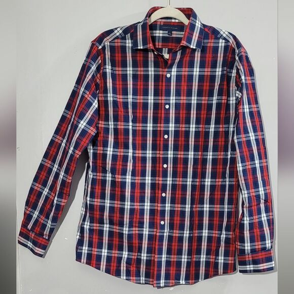 Tommy Hilfiger size 16 (34-35) white red navy plaid long sleeve dress shirt - Picture 1 of 7